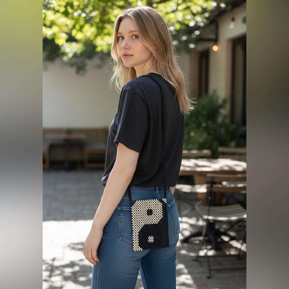 Black & White Beaded Yin/Yang Crossbody Bag
